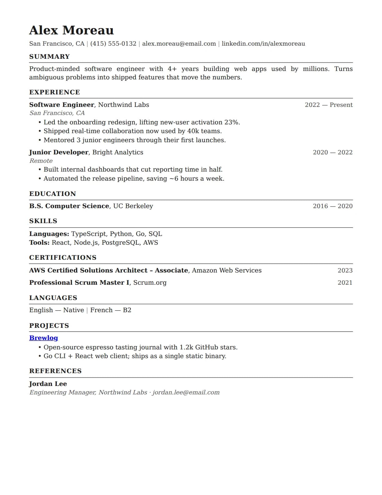 Executive template: a one-column ATS resume with standard section headings, as the builder renders it