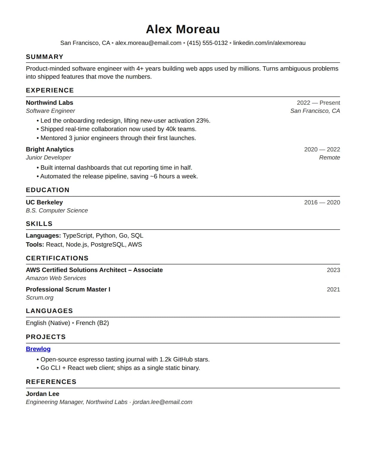 Modern template: a one-column ATS resume with standard section headings, as the builder renders it