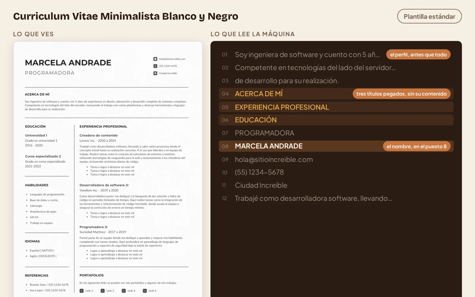 La plantilla Minimalista Blanco y Negro de Canva junto al texto que extrae la máquina: el nombre aparece en el puesto 8, después del perfil y de los títulos de sección